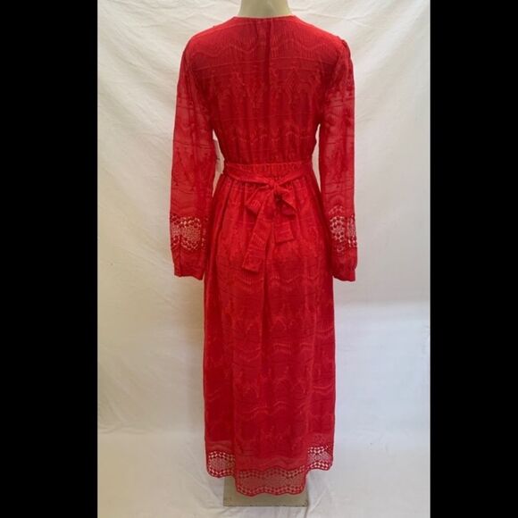 Olivia Culpo Red Lace Maxi Dress Embroidered Long Sleeve Medium - Picture 4 of 13